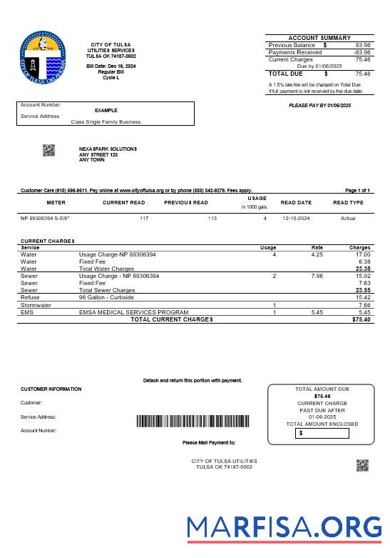 Downloadable USA Oklahoma City of Tulsa business utility bill template in Word and PDF formats